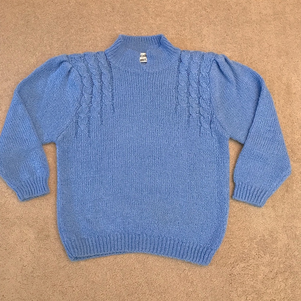 Vintage 80s Bristol Court Knit Sweater Size M Blue Pleated Shoulders Coquette